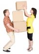 Girl loads the man with cardboard boxes