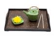 Bamboo tray, green ceramic teapot