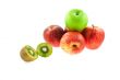 four red, one green apples and kiwifruit