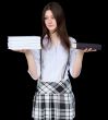 Girl with books on hands on a black