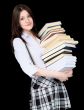 Girl with a pile of books in hands on black