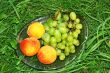 Peach and green grapes in grass