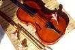 Old violin, fiddle-stick and music sheet