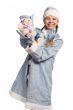 Smiling snow maiden with bear toy
