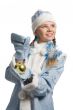 Snow maiden with christmas-tree decoration looks upward