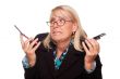 Frustrated Woman with Two Cell Phones
