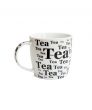 White tea cup with black inscriptions isolated