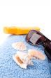 towel, shells, sunglasses and lotion