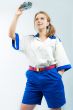 smiling pretty blonde female sailor with camera