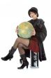 Beautiful brunette with valise and globe