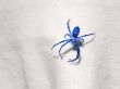 Blue Spider sits on the fabric