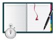 Pen, spiral notepad and stopwatch. Vector illustration. 