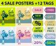 4 Sale posters & 12 tag set, woman shopping in the city, backgro