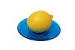 Lemon on a blue saucer.