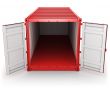 Opened red freight container isolated, front view