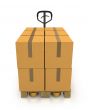 Stack of carton boxes on a pallet with a pallet truck front view