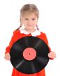Girl holds Vinyl record on white