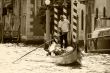 Venetian gondolier floating on central to the channel. Italy.