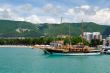 town waterfront with moored vessels