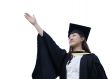 Happy asian lady graduate raise right arm