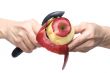 apple on hand on white background