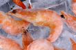 Frozen shrimp with ice on black macro