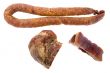 Smoked sausage and pork gammon on white background