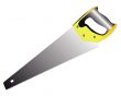hacksaw on wood with a yellow-black handle