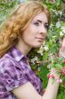 Woman under spring cherry blossom