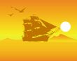 sailing ship  on  an orange background