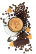 Cappuccino, brown sugar and coffee beans on white background