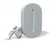 sitting man leans on uppercase letter o