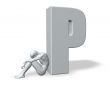 sitting man leans on uppercase letter p