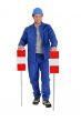 Builder holding road signs.