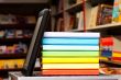 Stack of colorful books with e-book reader