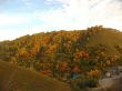 Golden autumn, blue sky and caucasus mountains