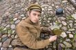 Soldier with boiler and gun in retro style picture