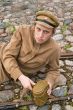 Soldier with boiler and gun in retro style picture