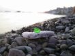Green glass laying on the sea shore