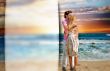 Portrait of young couple in love embracing at beach and enjoying