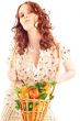 Closeup portrait of young caucasian woman with straw basket of f