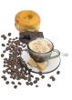 Cappuccino, donut, brown sugar and coffee beans on white backgro