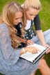 Portrait of two smiling women using laptop on a green meadow at 