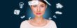 A businesswoman with icons floating around her head. Portrait of