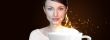 Beauty Girl With Cup of Coffee. Advertisement poster or wallpape
