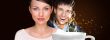 Closeup portrait of adult couple standing together. Big white cu