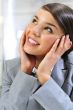 Closeup portrait of cute young modern business woman dreaming