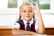 Portrait of a young girl in school at the desk.Horizontal Shot. 