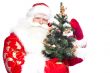 Christmas theme: Santa Claus holding christmas tree and his bag 