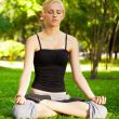 Portrait of young beautiful couple sitting in lotus pose on gree
